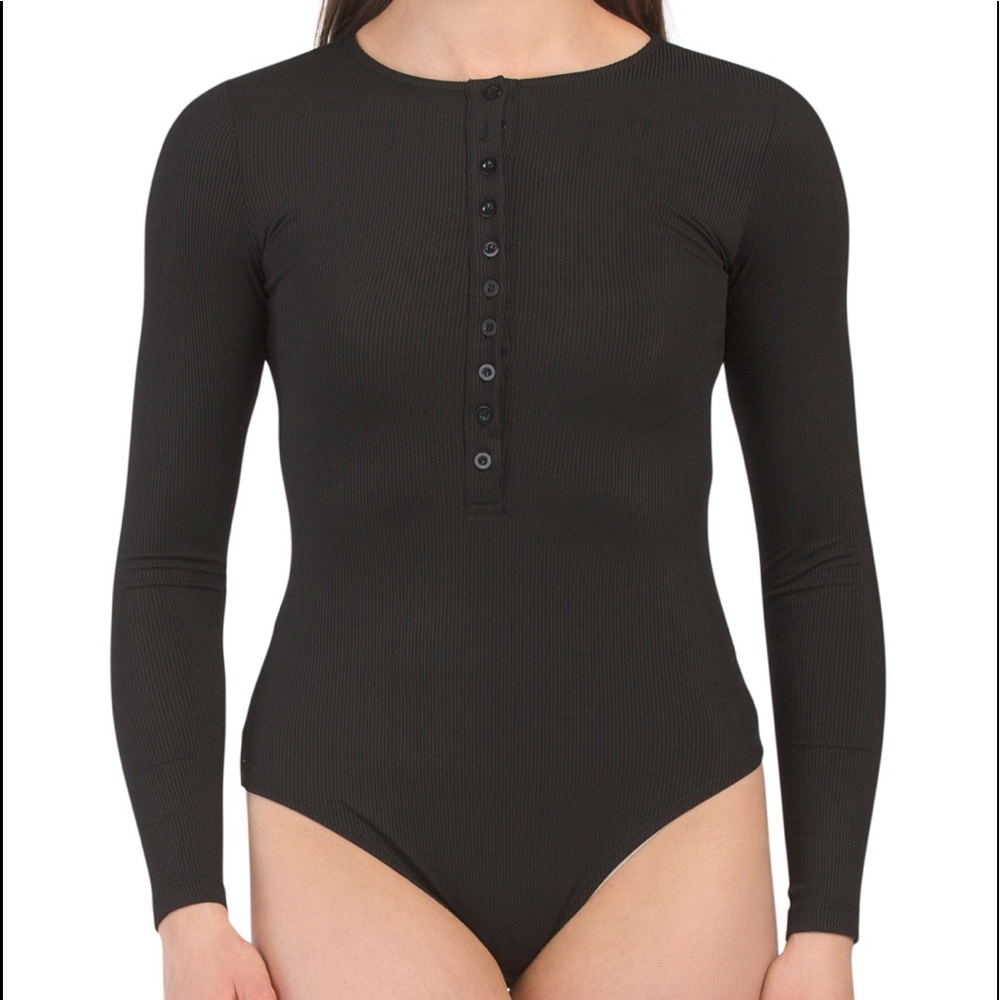 NEW DE BASE Ribbed LONG SLEEVE HENLEY Bodysuit BLACK